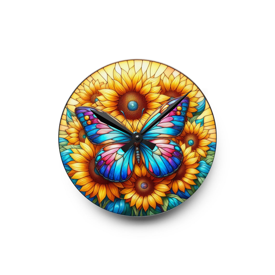 Stained Glass Butterfly Sunflower - Acrylic Wall Clock