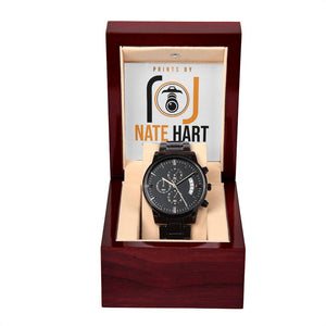 Black Chronograph Watch with Mahogany Style Luxury Box